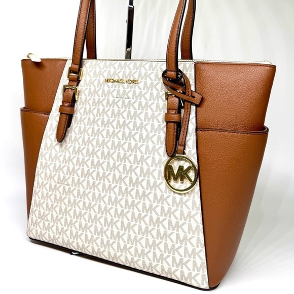 Michael Kors Charlotte Large Leather Top-Zip Tote Bag - Vanilla/Brown - Picture 1 of 10